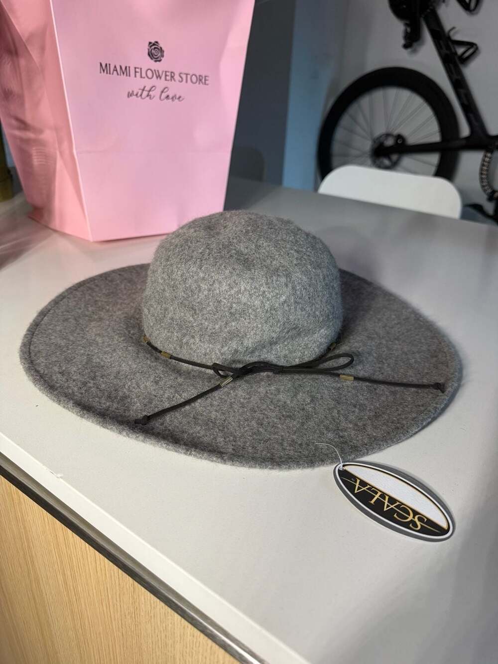 Scala Handmade Wool Felt Wide Brim Floppy Hat with Beaded Cord Detail